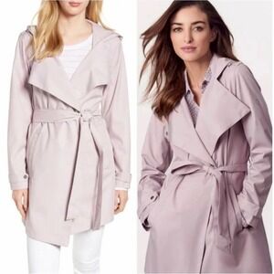 Bernardo Tan belted wrap trench coat rain jacket hood and button‎ detail Med